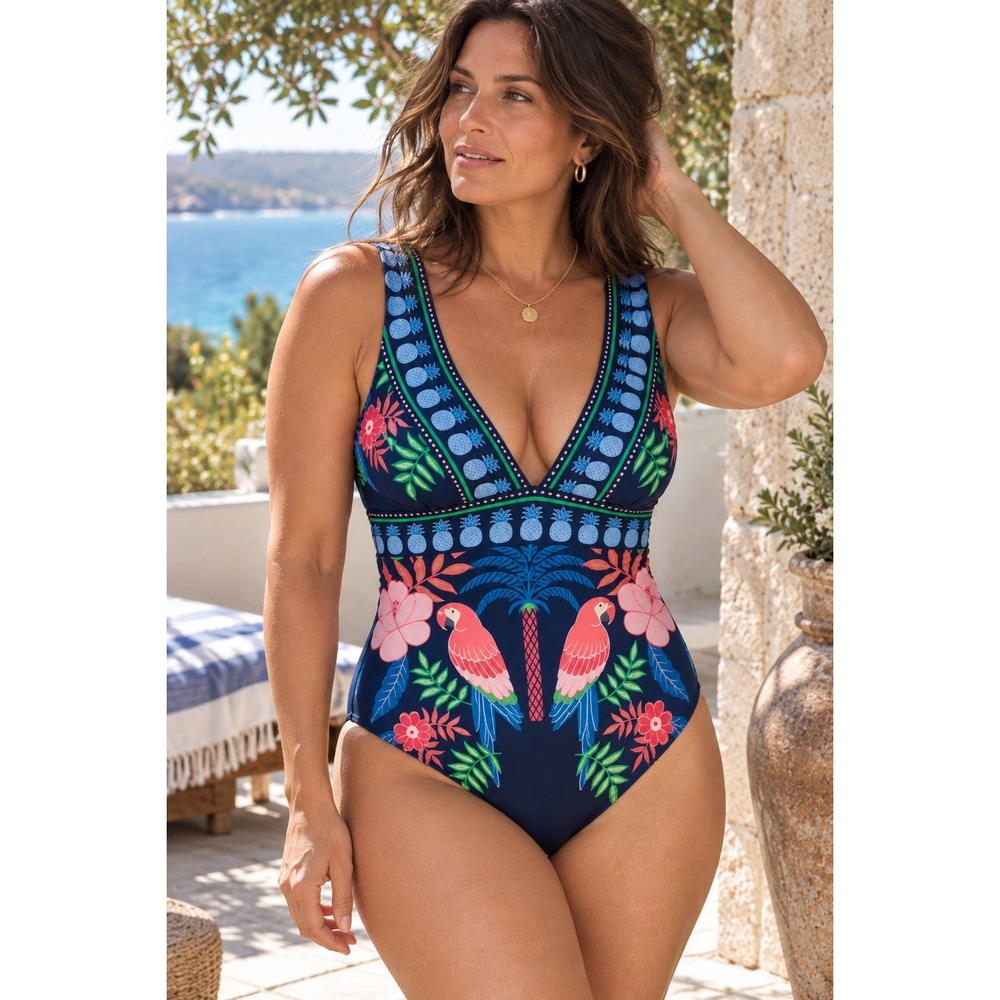 Boden Porto V-Neck One Piece Swimsuit French Navy Parrots 16-18L